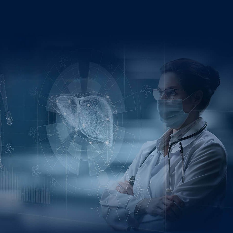 Healthcare professional with a futuristic holographic projection of a liver, representing BeLiver's advanced AI-driven diagnostics
